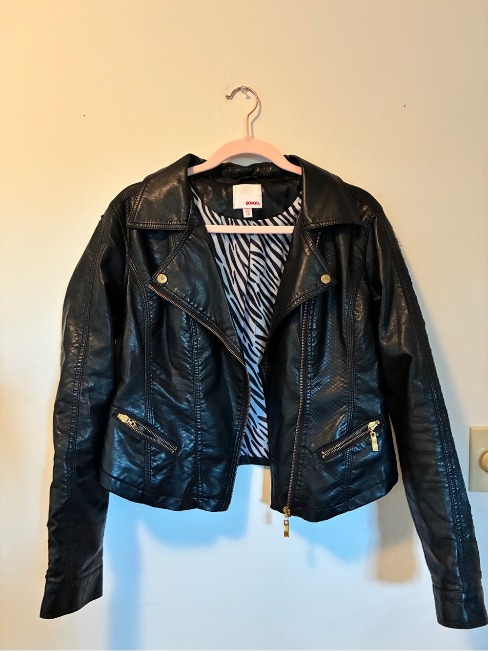 BONGO Black Faux Leather Moto Jacket with Zebra Lining